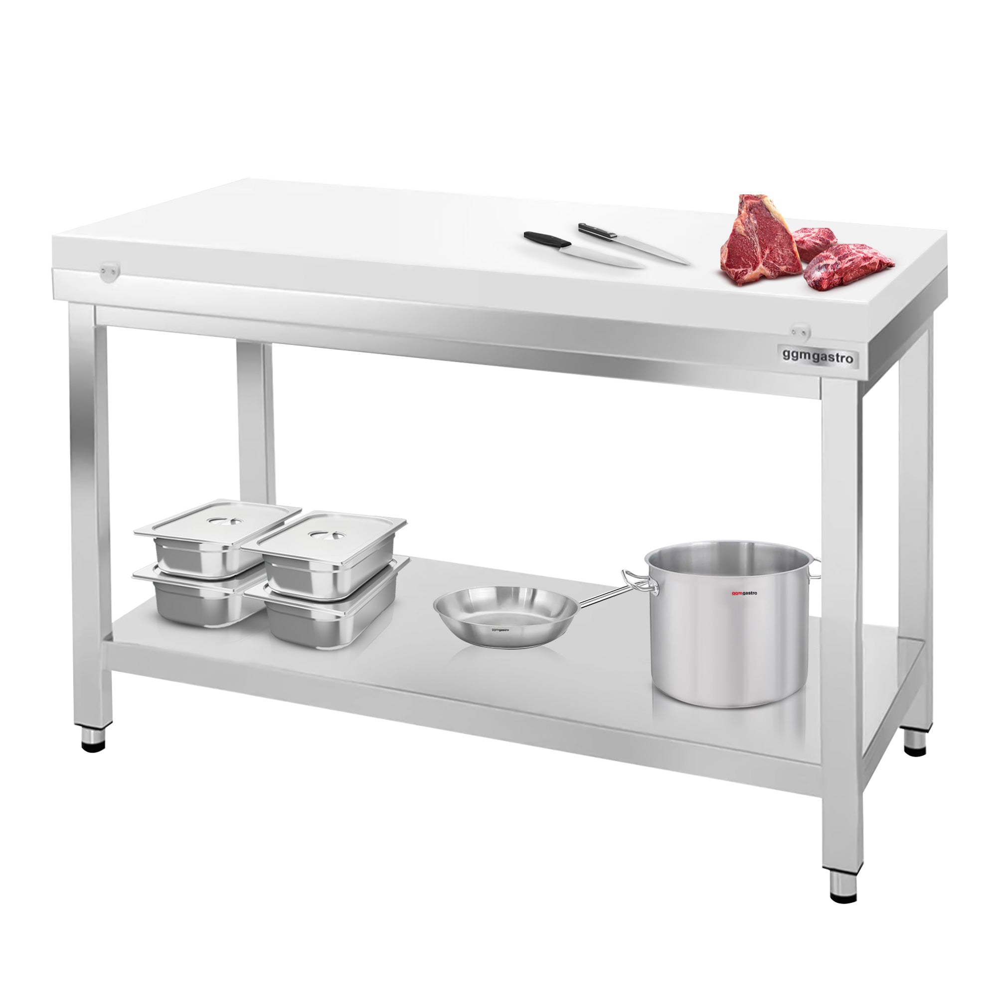 PREMIUM stainless steel work table - 1.0 m - with base - incl. cutting board in white