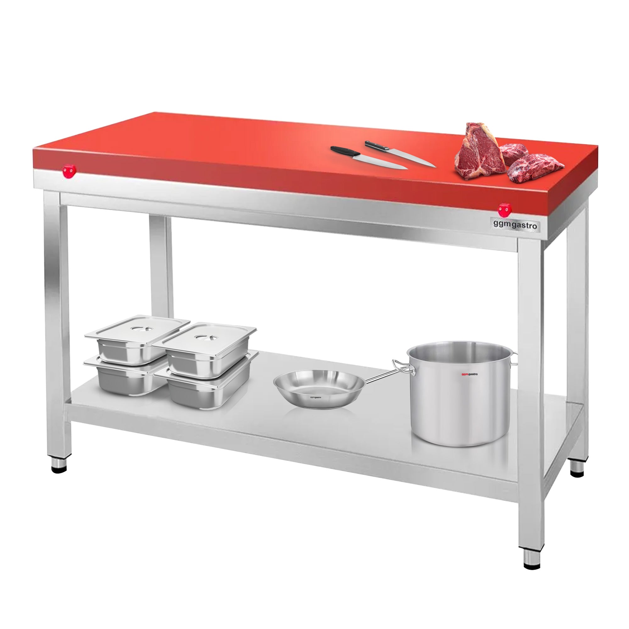 Work table in stainless steel PREMIUM - 1.0 m - with base - with cutting plate in red