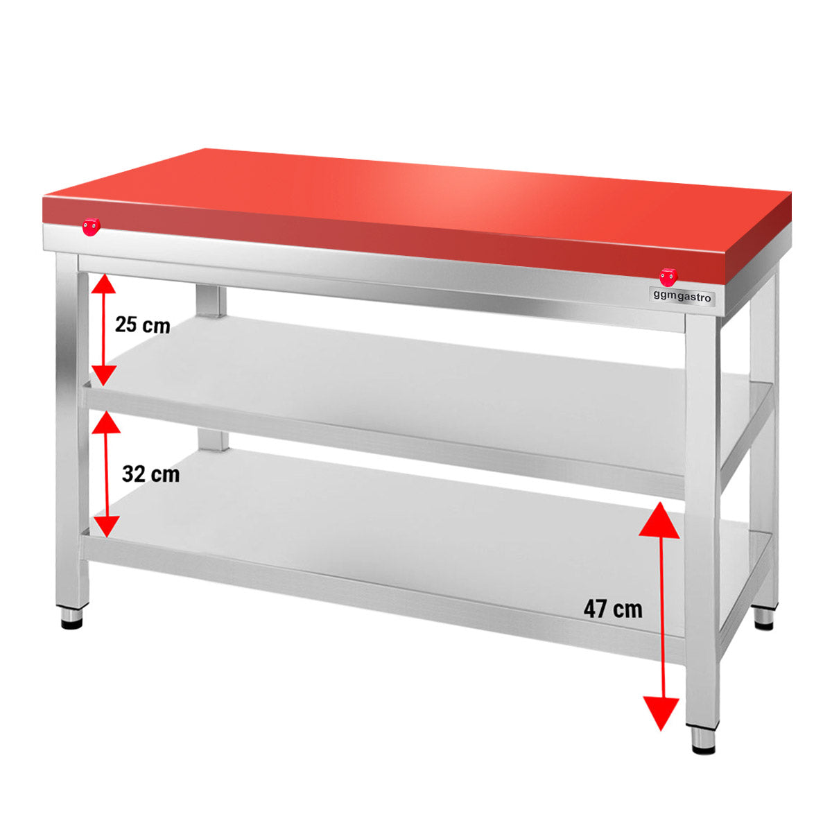 PREMIUM stainless steel work table - 1.4 m - with base - incl. cutting board in red