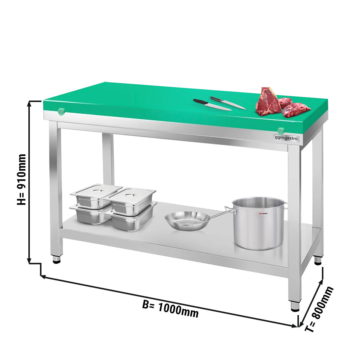 PREMIUM stainless steel work table - 1.0 m - with base - including cutting board in green