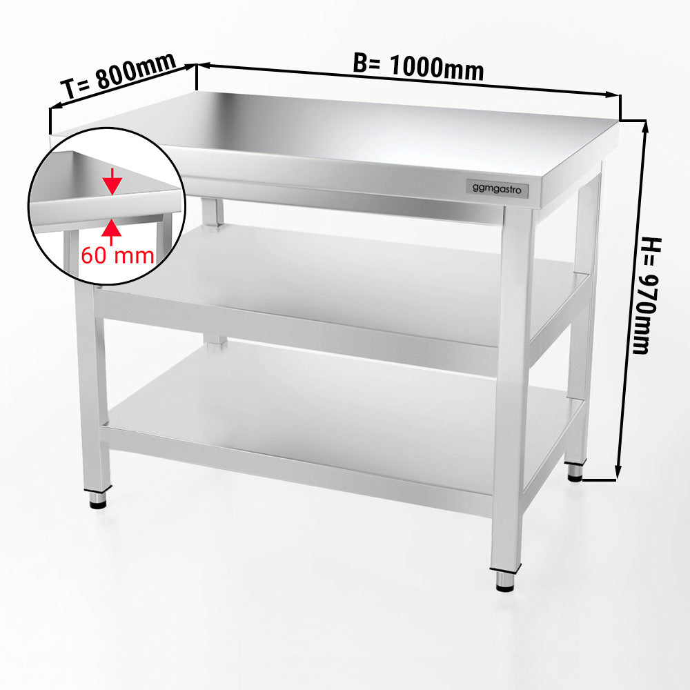 PREMIUM stainless steel work table - 1.0 m - with main shelf and intermediate shelf