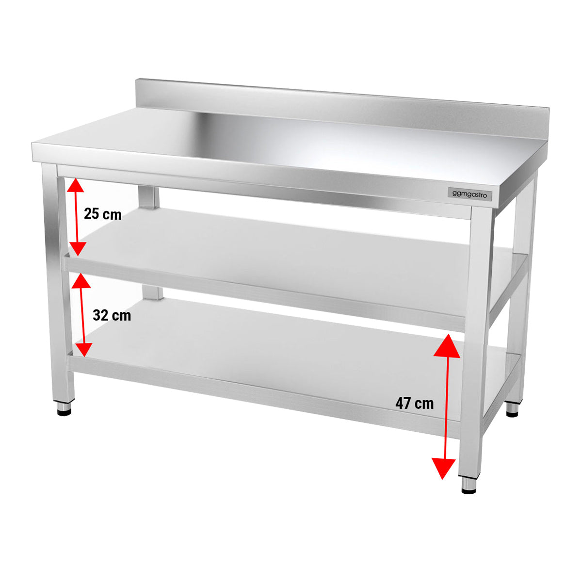 PREMIUM stainless steel work table - 1.2 m - with main shelf, intermediate shelf and stand