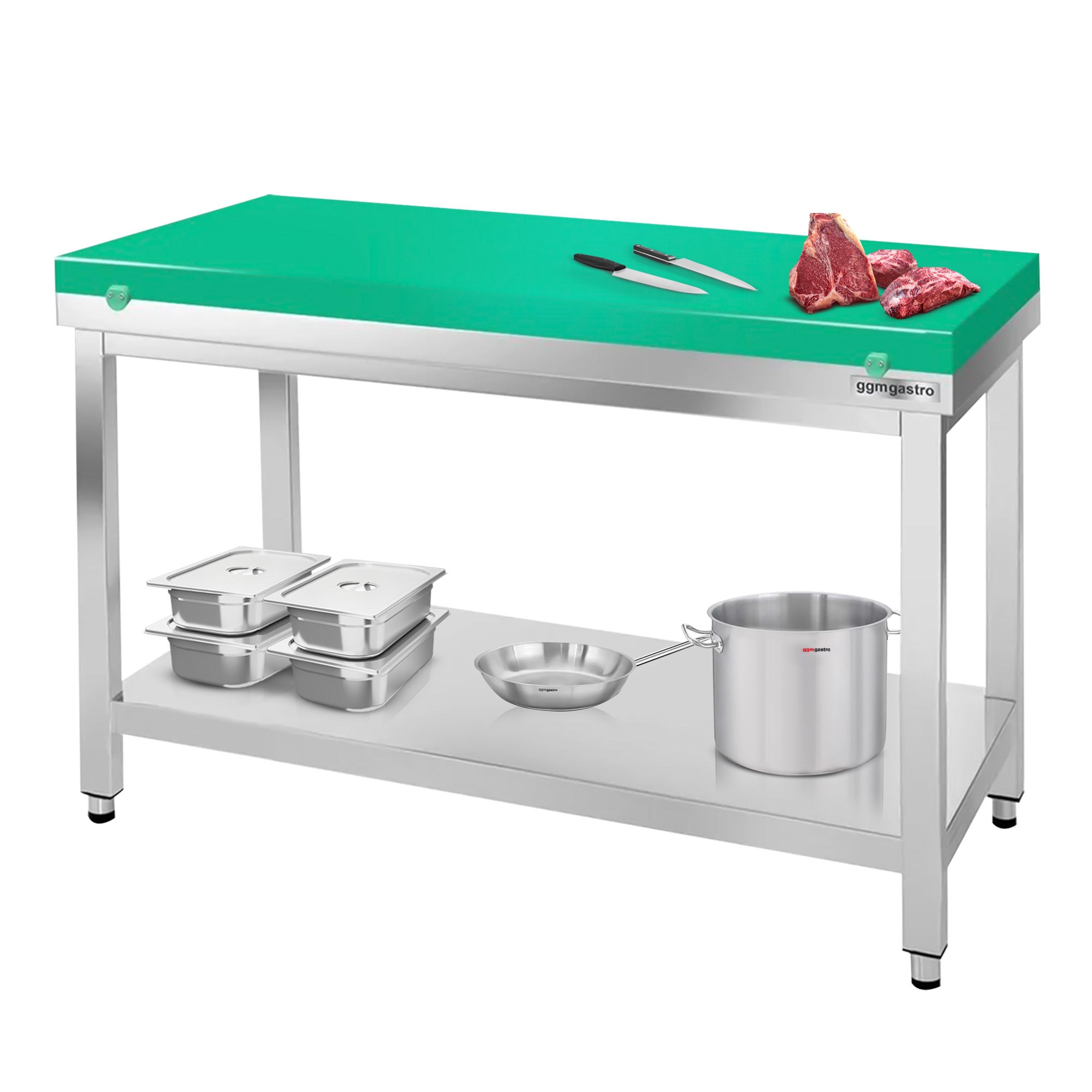 PREMIUM stainless steel work table - 1.2 m - with base - including cutting board in green