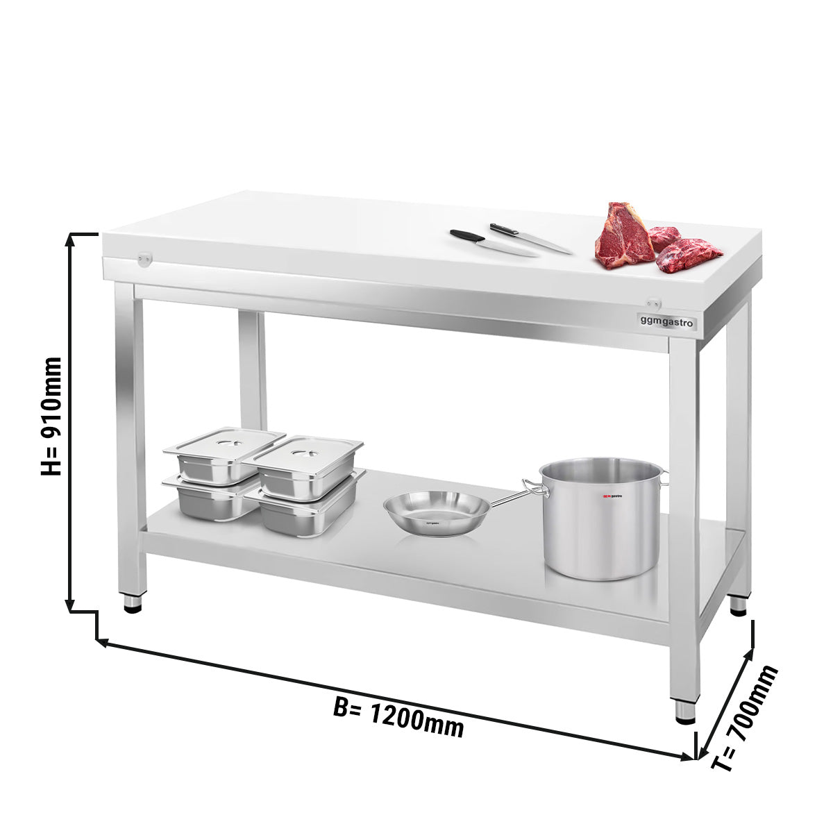 PREMIUM stainless steel work table - 1.2 m - with base board - including cutting board in white