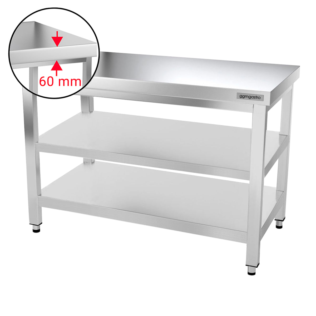 PREMIUM stainless steel work table - 1.2 m - with main shelf and intermediate shelf