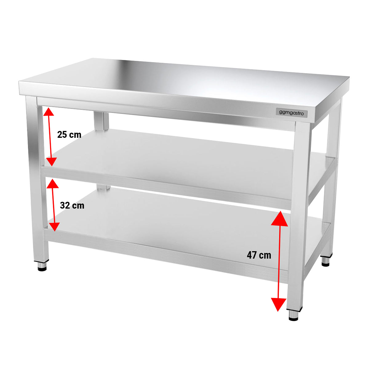 PREMIUM stainless steel work table - 1.2 m - with main shelf and intermediate shelf