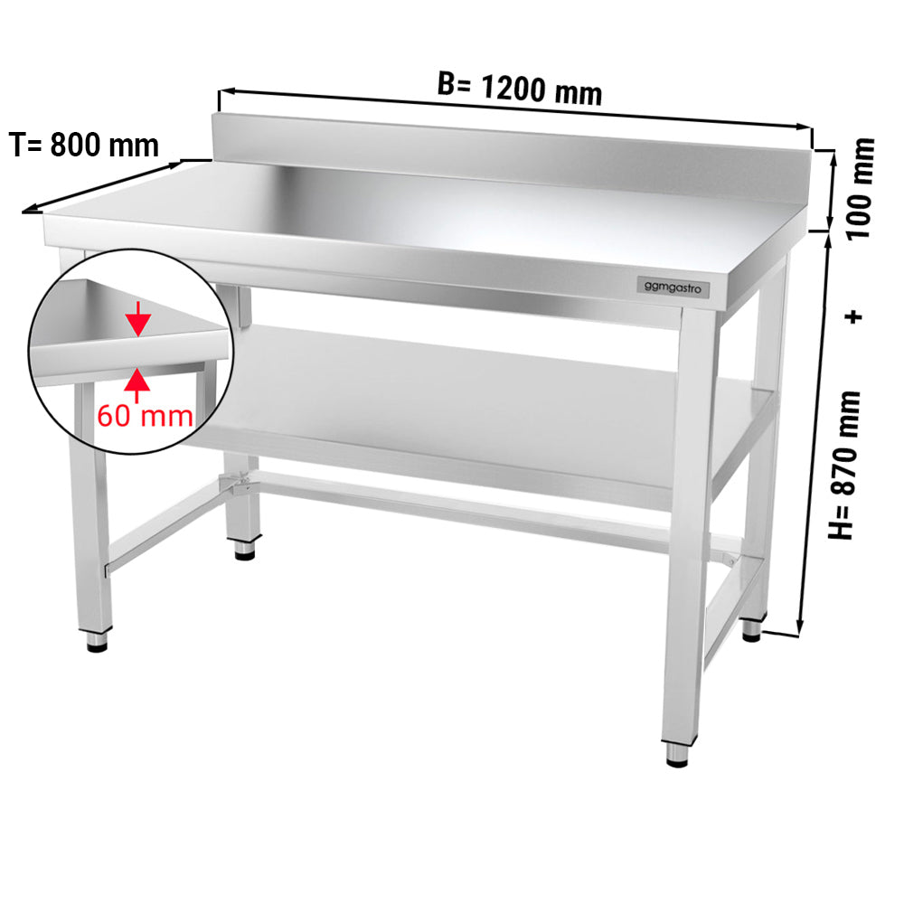 PREMIUM stainless steel work table - 1.2 m - with floor, base and support