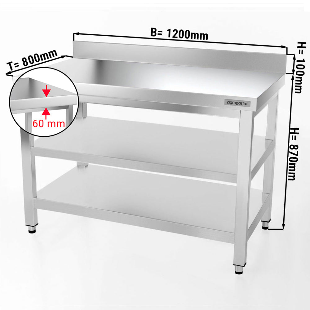 PREMIUM stainless steel work table - 1.2 m - with main shelf, intermediate shelf and stand