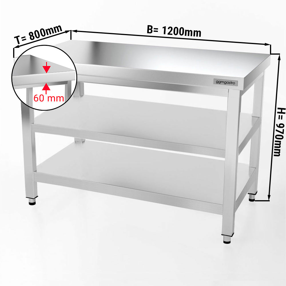 PREMIUM stainless steel work table - 1.2 m - with main shelf and intermediate shelf