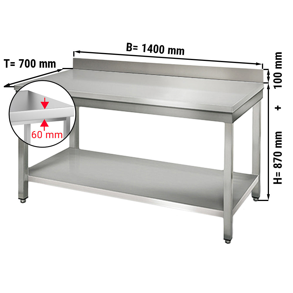 Stainless steel ECO work table - 1.4 m - with lower shelf and board