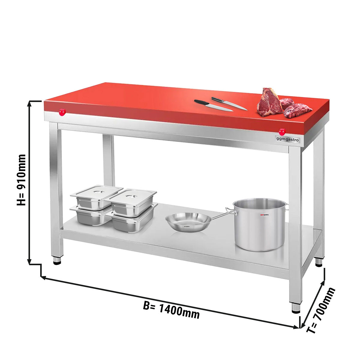 PREMIUM stainless steel work table - 1.4 m - with base - incl. cutting board in red