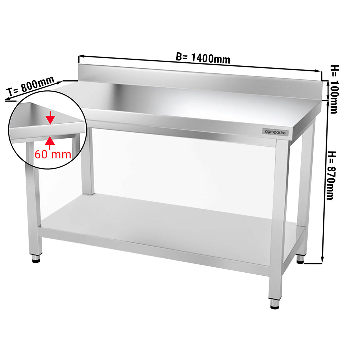 PREMIUM stainless steel work table - 1.4 m - with base and stand