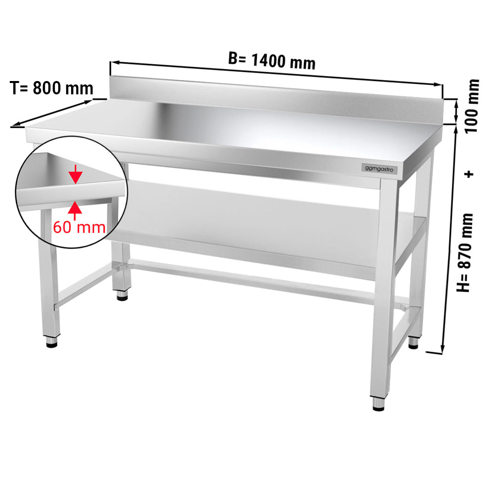 Работна маса от неръждаема стомана PREMIUM - 1,4 м - с под, основа и опора