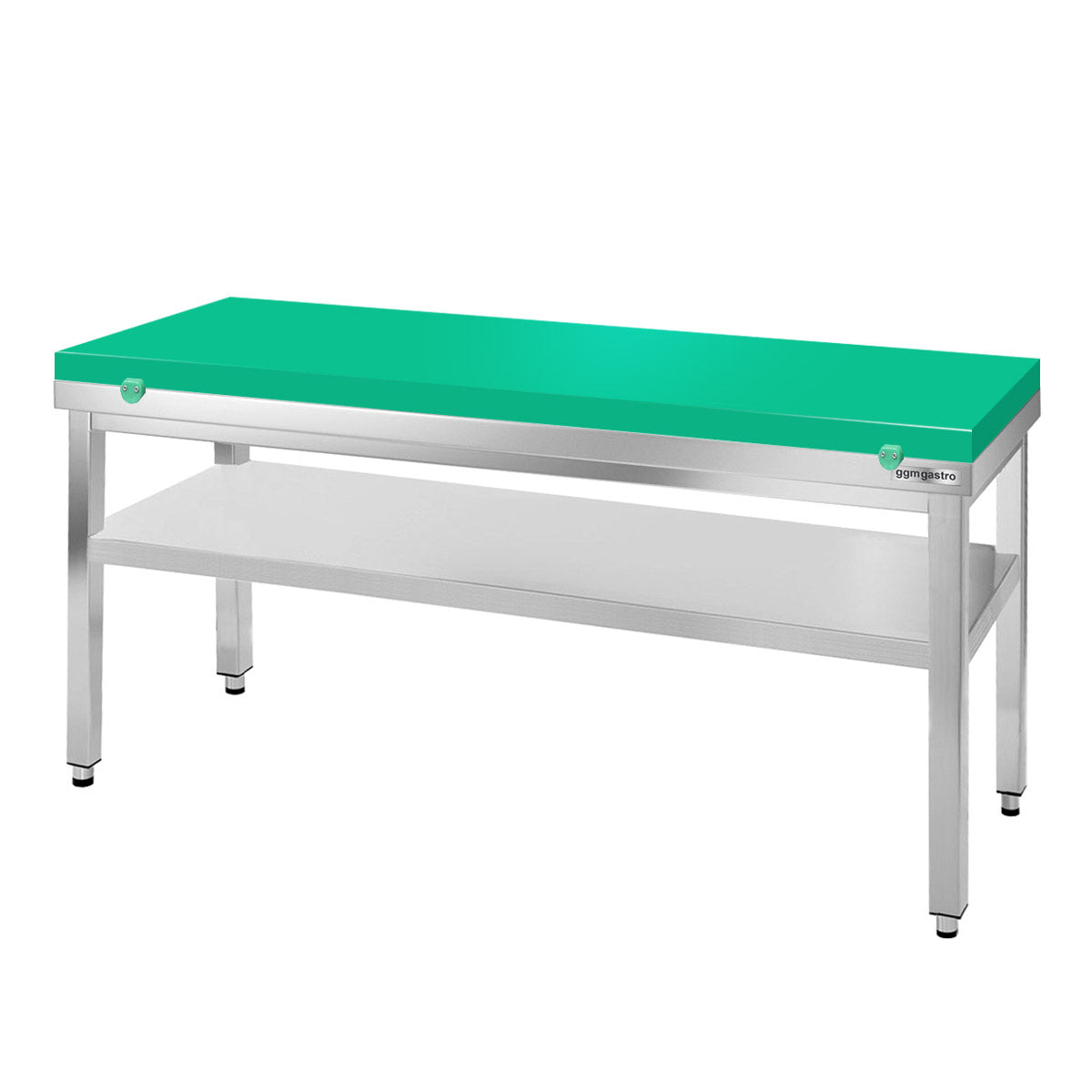 PREMIUM stainless steel work table - 1.6 m - with base - including cutting board in green