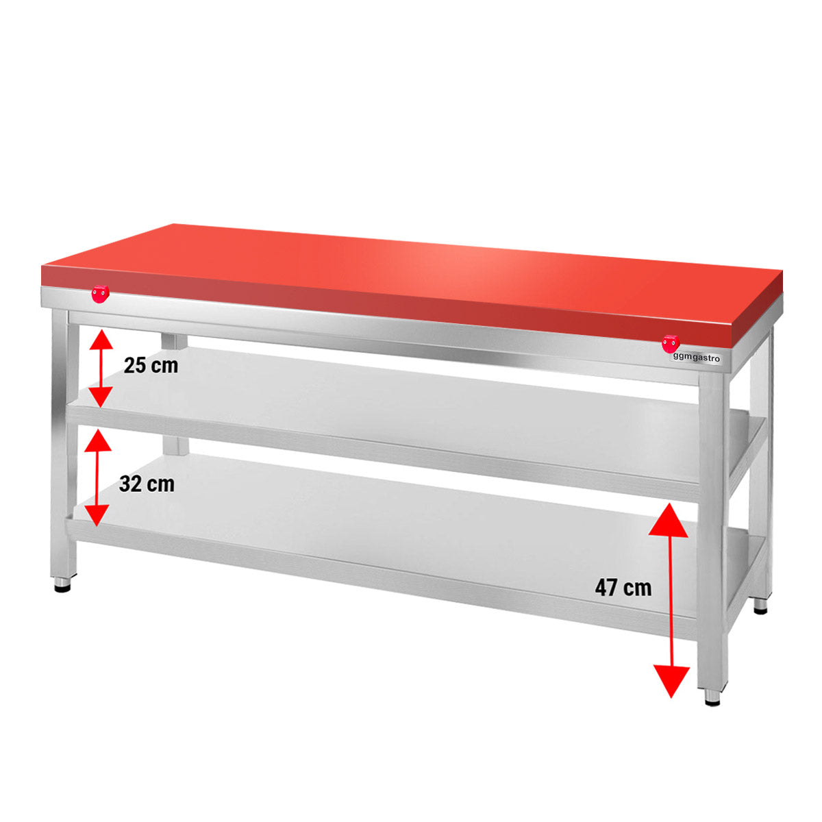 PREMIUM stainless steel work table - 1.6 m - with base - incl. cutting board in red