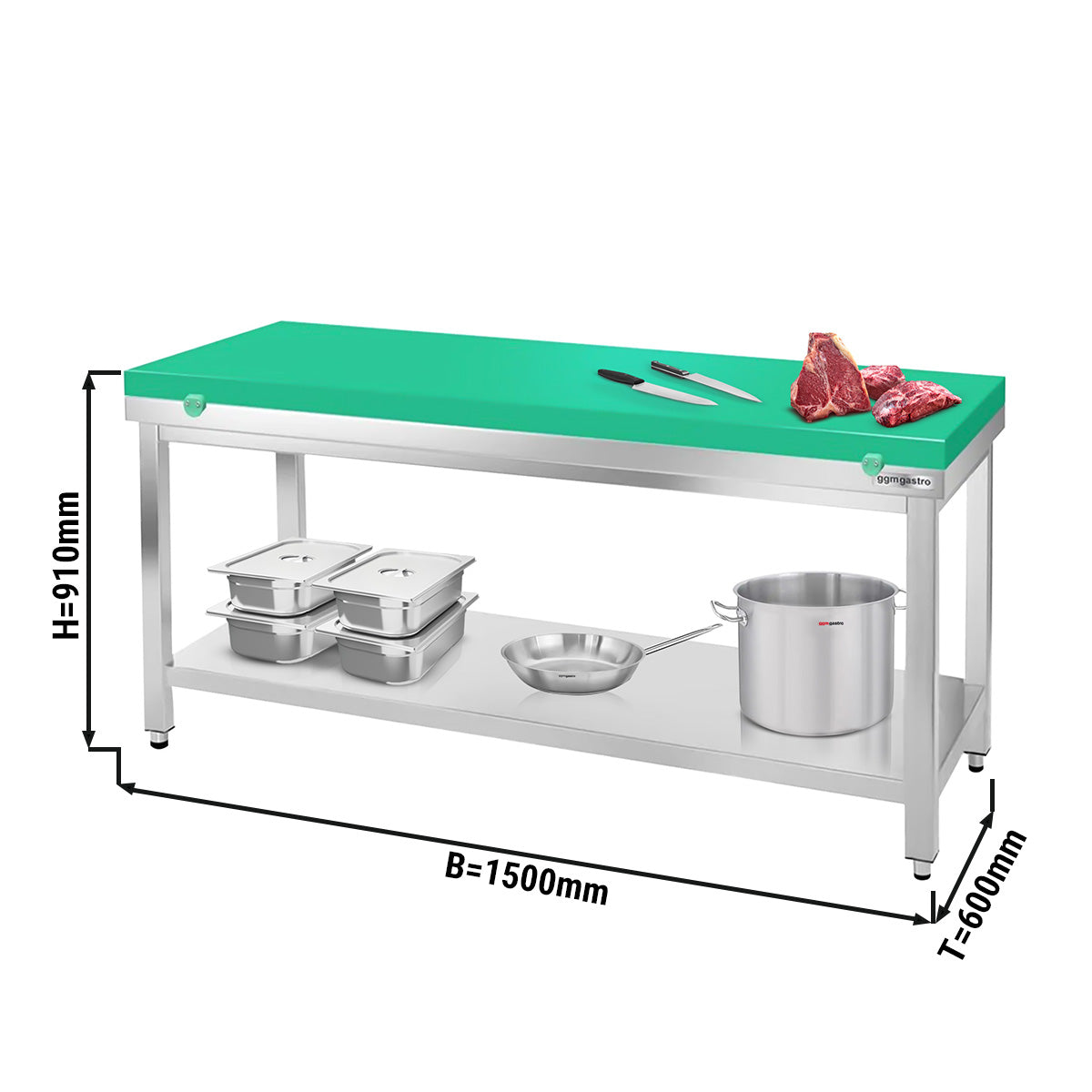 PREMIUM stainless steel work table - 1.5 m - with base - including cutting board in green