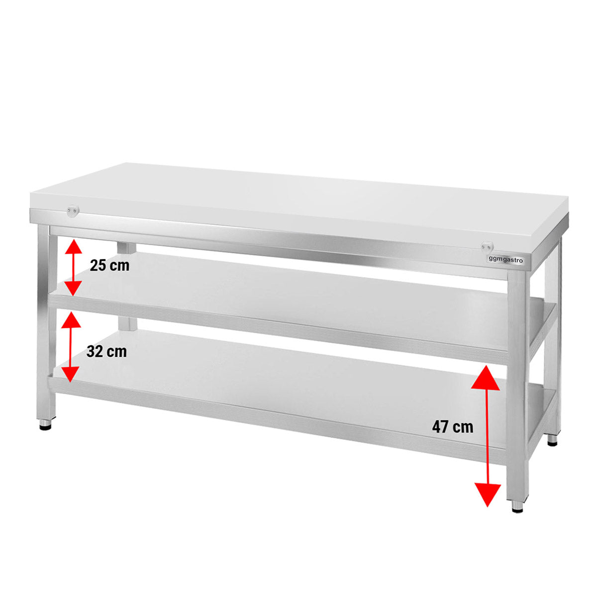 Work table in stainless steel PREMIUM - 1.8 m - with base - with cutting board in white