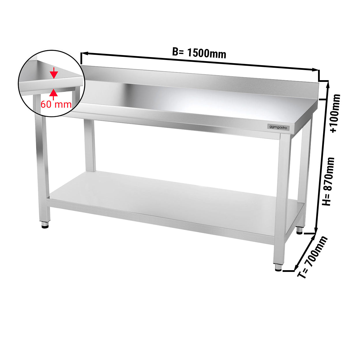 PREMIUM work table made of stainless steel 1.5 m - with lower shelf and board