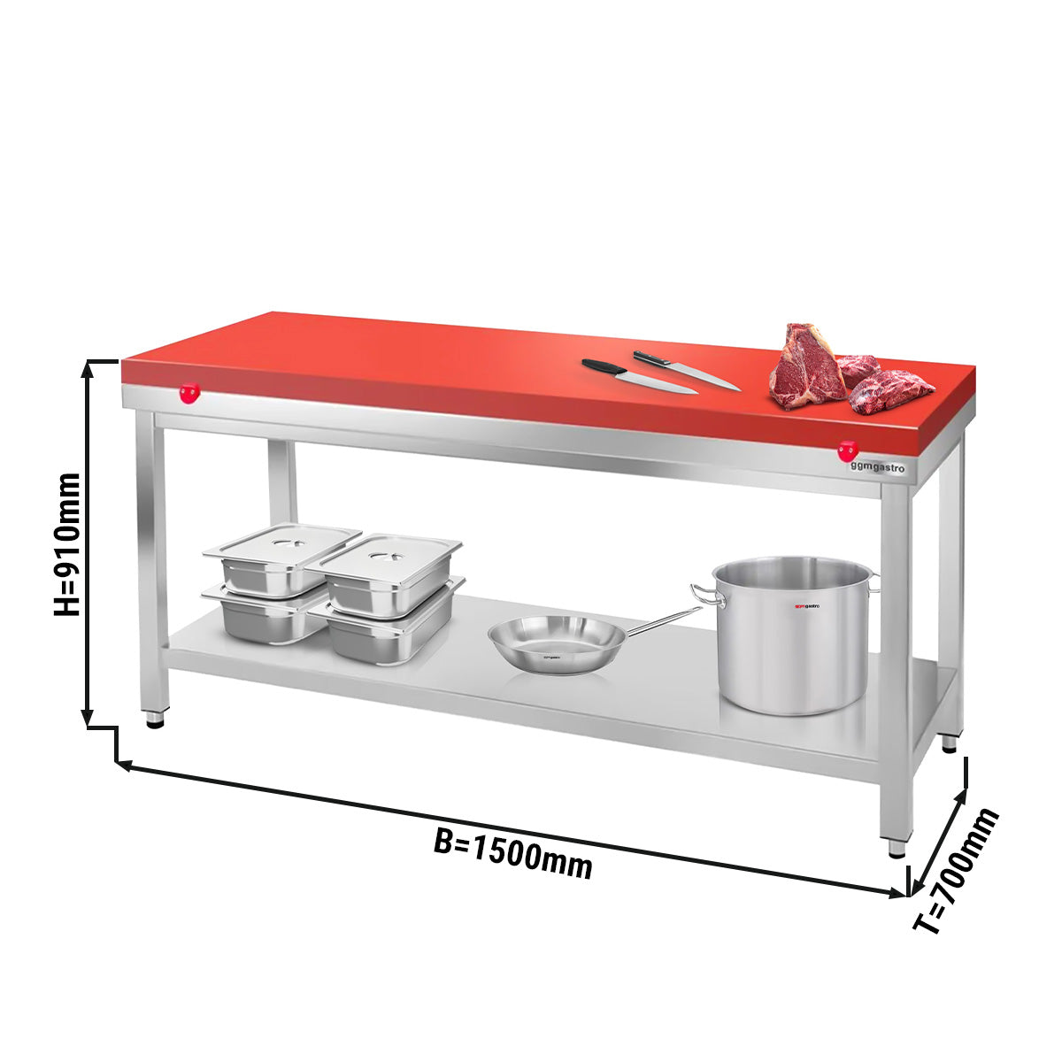 PREMIUM stainless steel work table - 1.5 m - with base - incl. cutting board in red