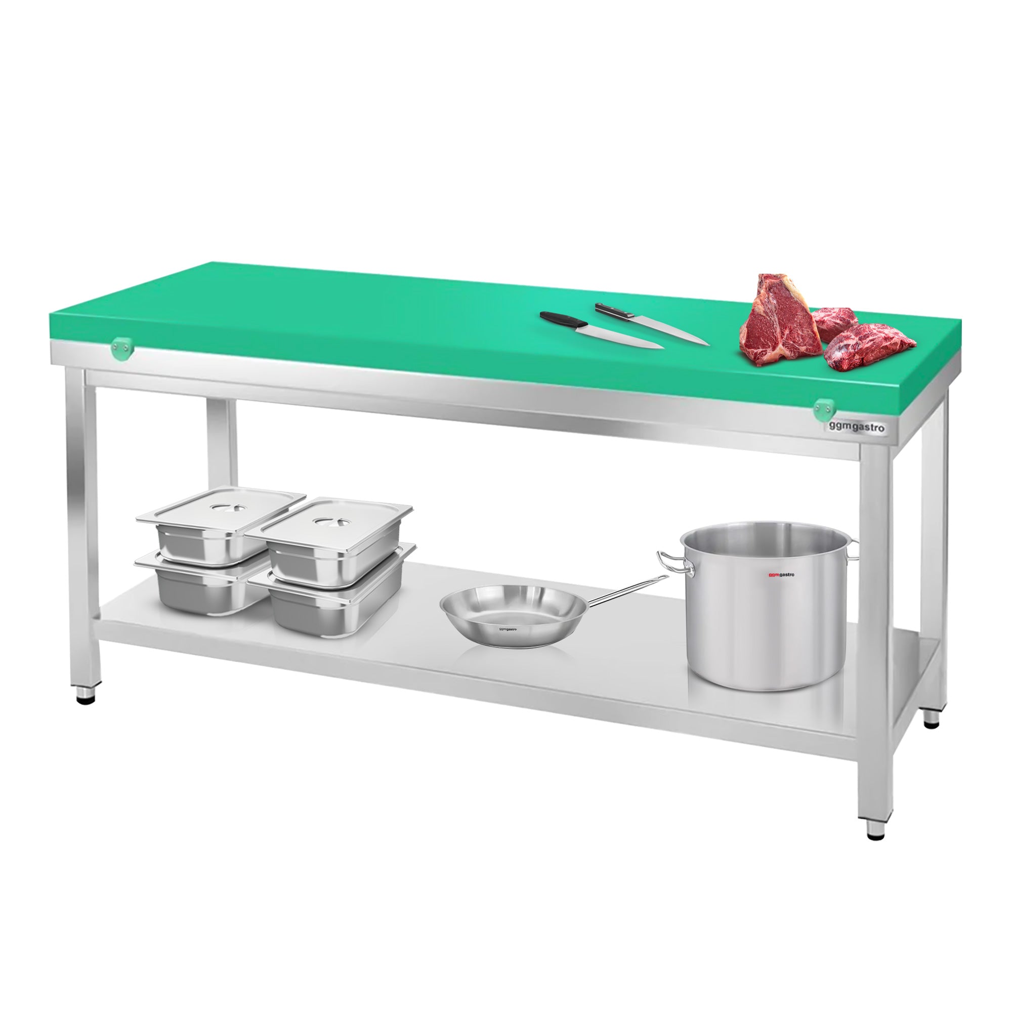 PREMIUM stainless steel work table - 1.5 m - with base - including cutting board in green