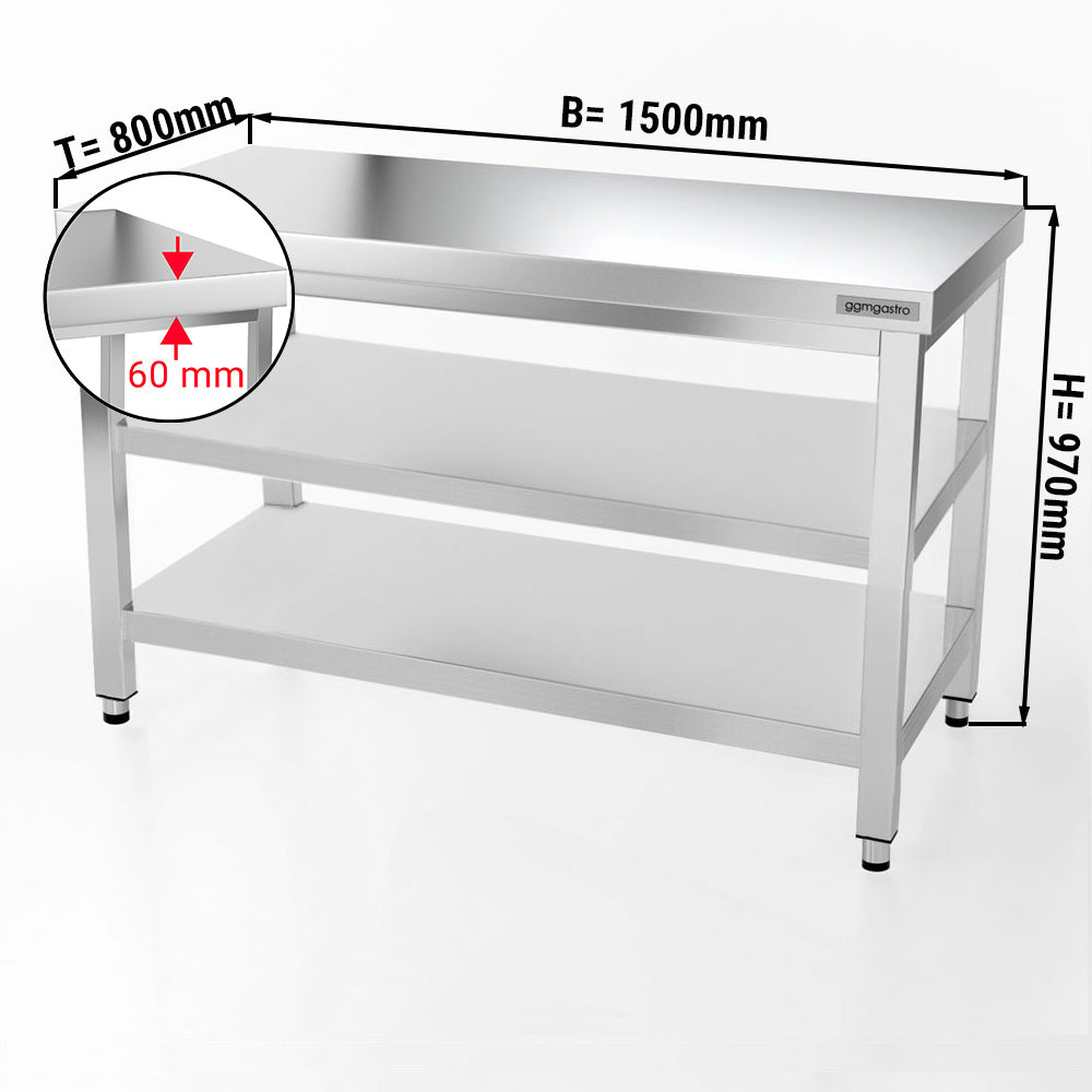 PREMIUM stainless steel work table - 1.5 m - with main shelf and intermediate shelf