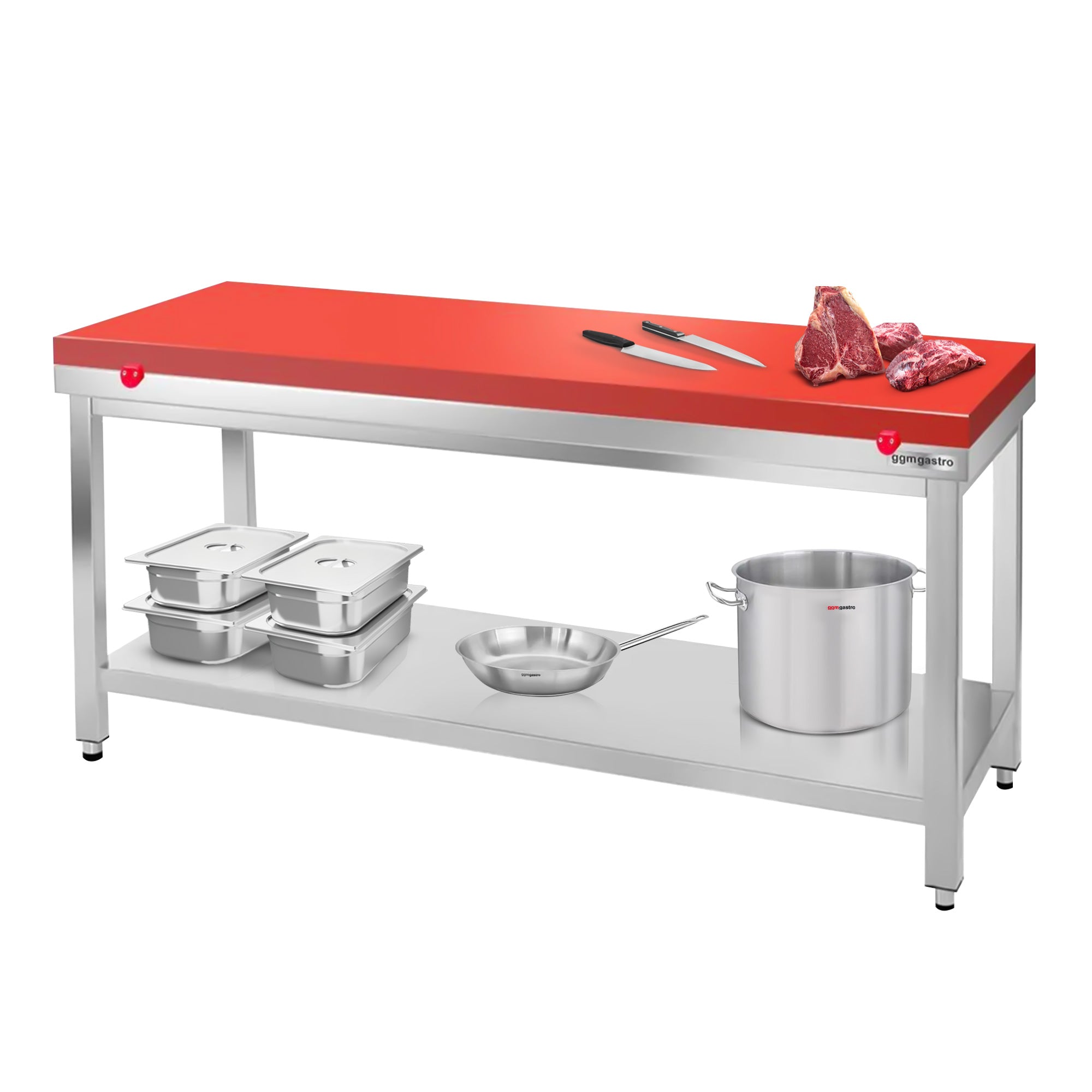 PREMIUM stainless steel work table - 1.6 m - with base - incl. cutting board in red