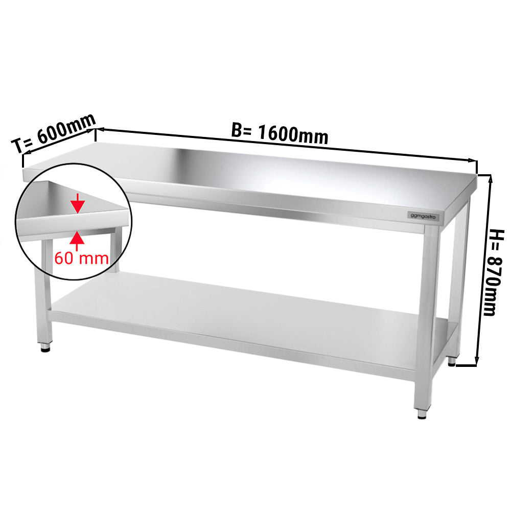 PREMIUM stainless steel work table 1.6 m - with lower shelf