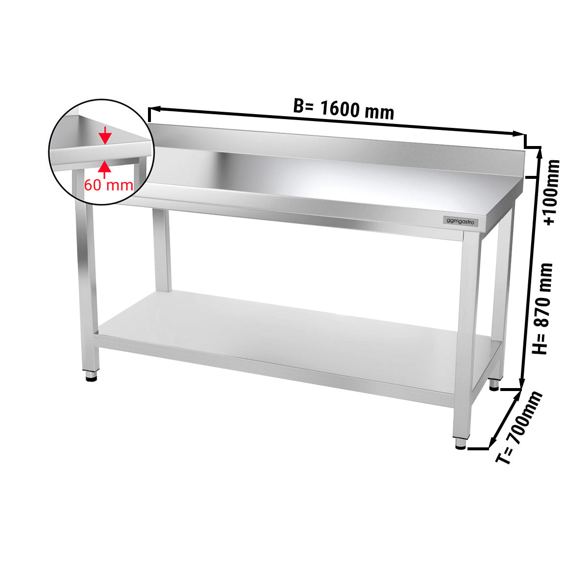 PREMIUM work table made of stainless steel 1.6 m - with lower shelf and board