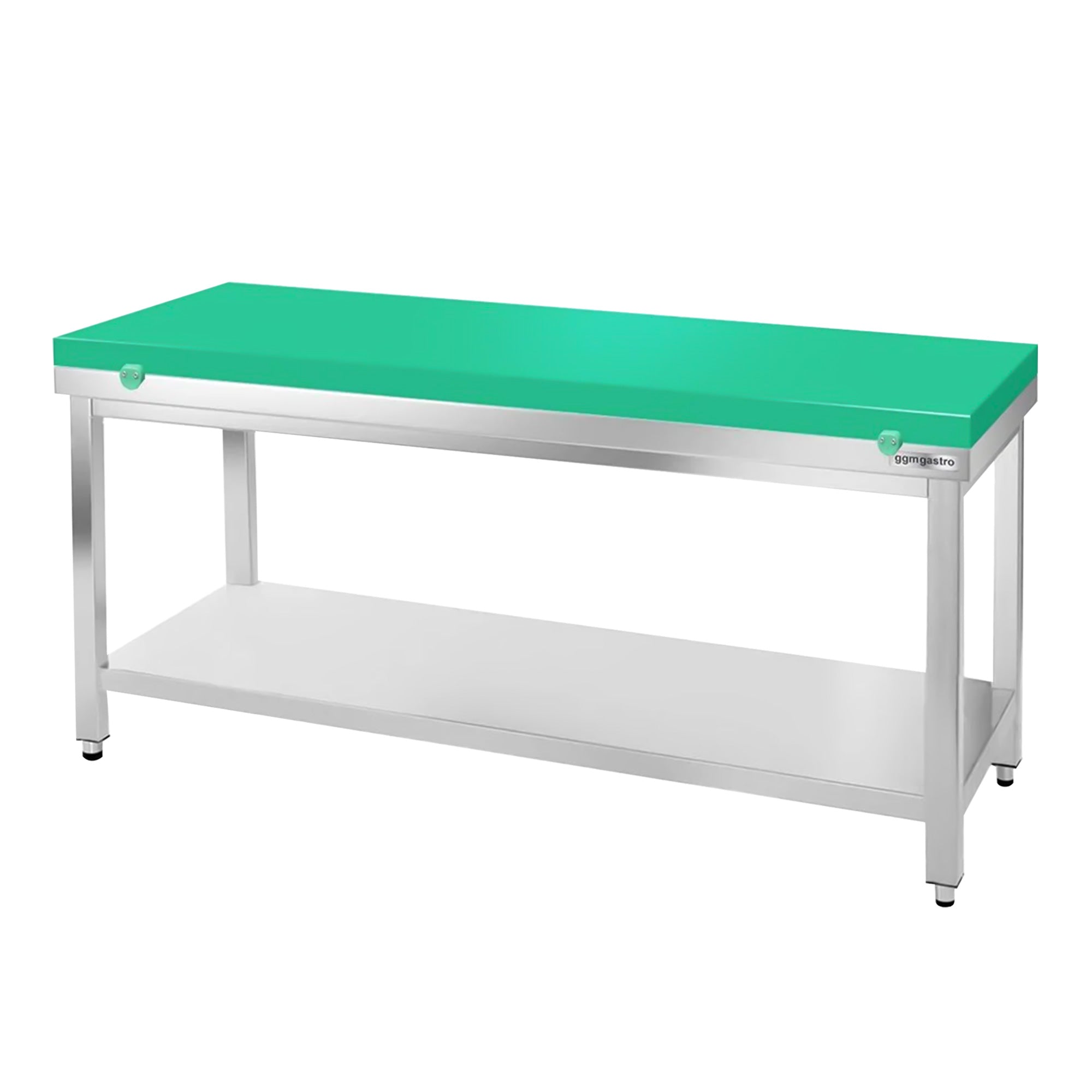 PREMIUM stainless steel work table - 1.6 m - with base - including cutting board in green