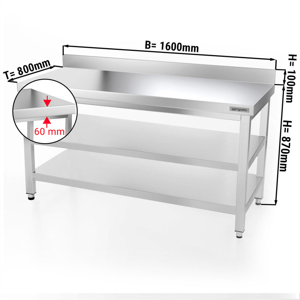 PREMIUM stainless steel work table - 1.6 m - with main shelf, intermediate shelf and stand