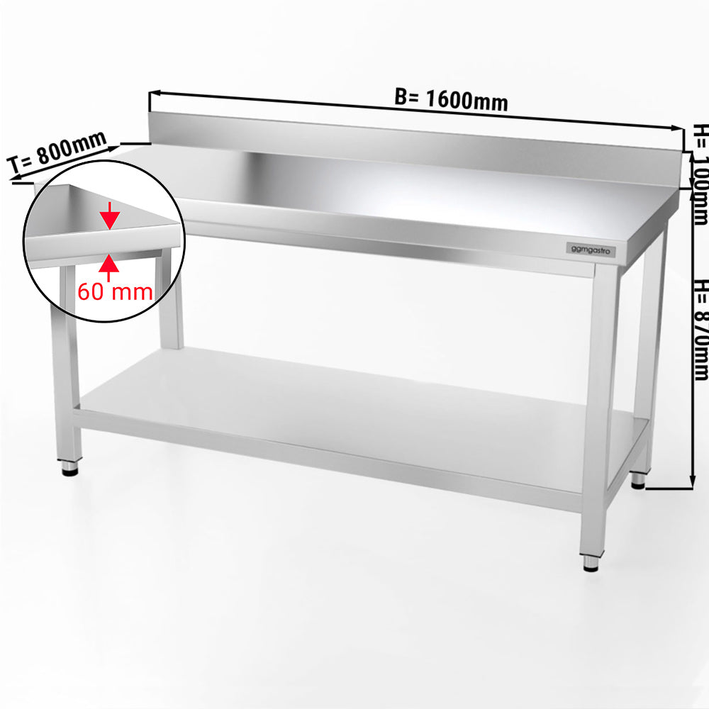 PREMIUM stainless steel work table - 1.6 m - with base and stand