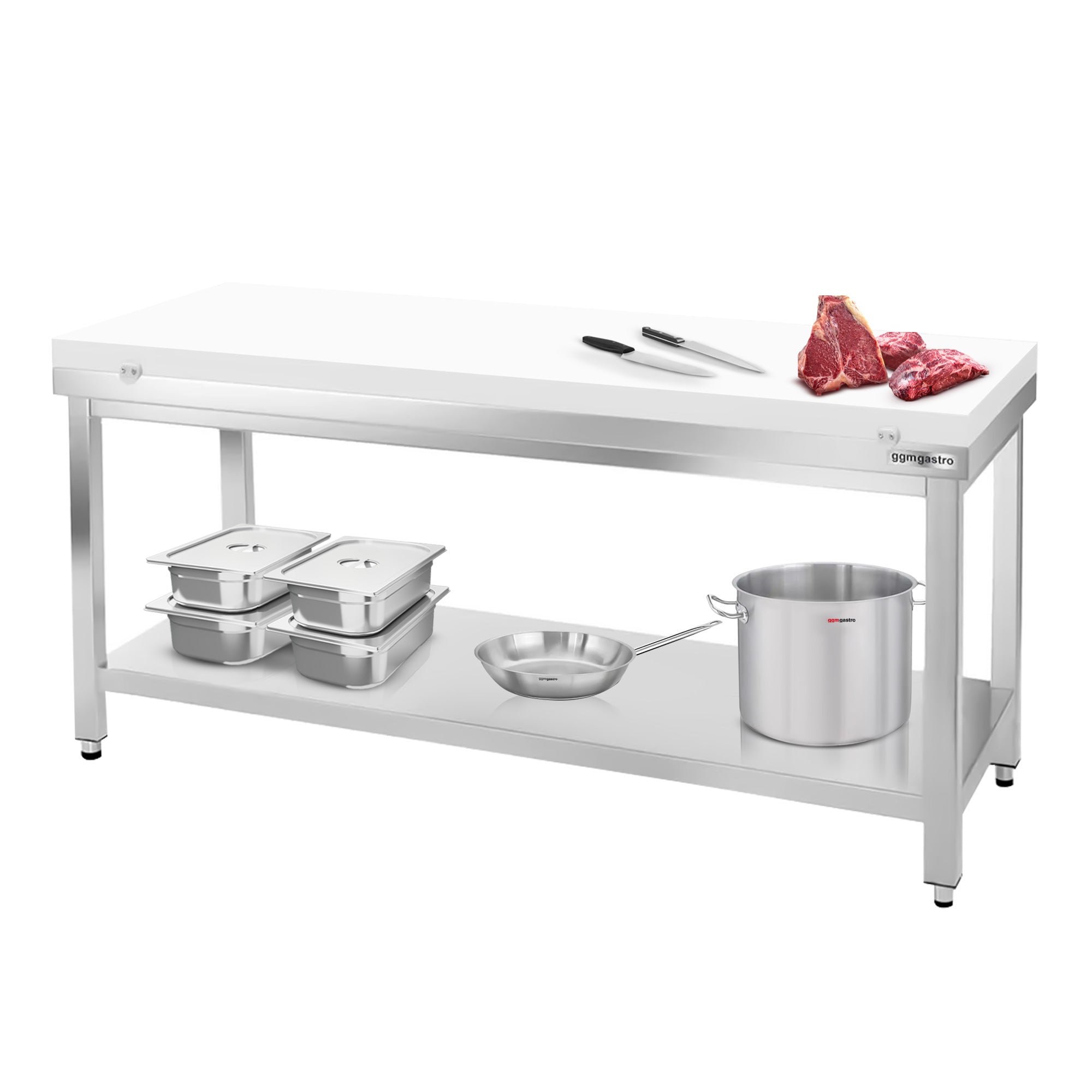 PREMIUM stainless steel work table - 1.6 m - with base board - including cutting board in white