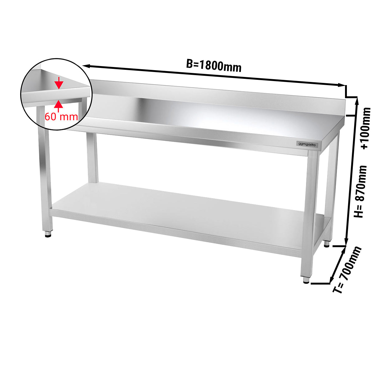 PREMIUM work table made of stainless steel 1.8 m - with lower shelf and board