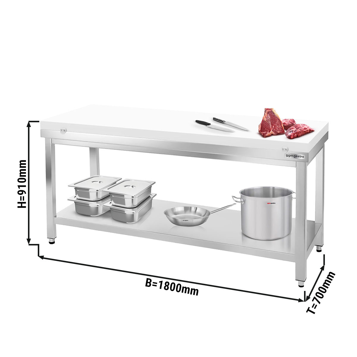 Work table in stainless steel PREMIUM - 1.8 m - with base - with cutting board in white