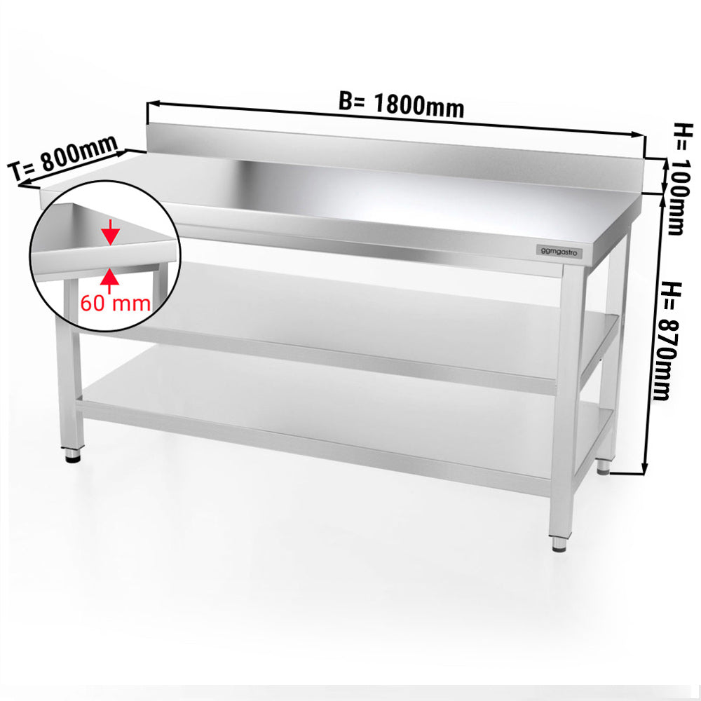 PREMIUM stainless steel work table - 1.8 m - with main shelf, intermediate shelf and stand