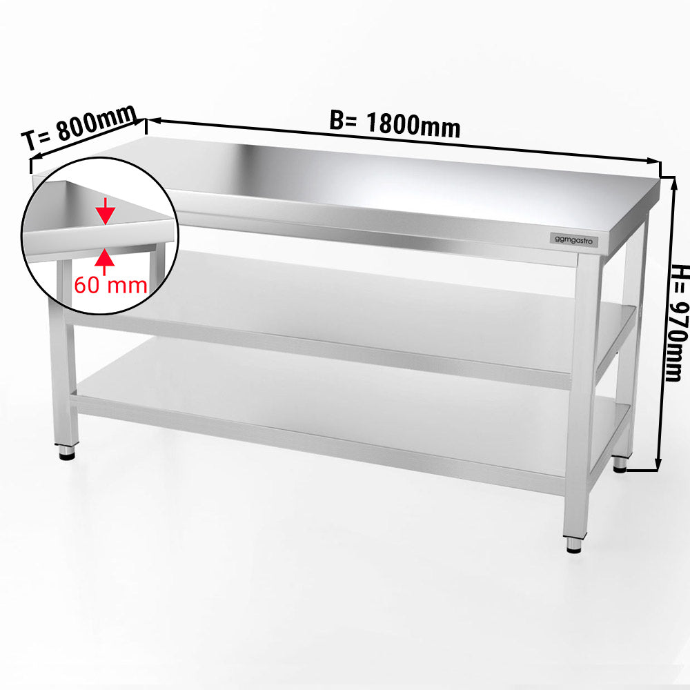 PREMIUM stainless steel work table - 1.8 m - with main shelf and intermediate shelf