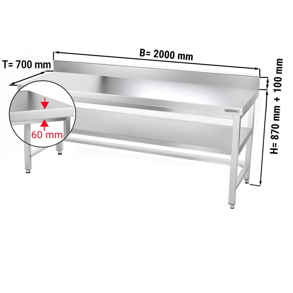 Pаботна маса PREMIUM от неръждаема стомана - 2,0 м.- с рамка, долен рафт и борд