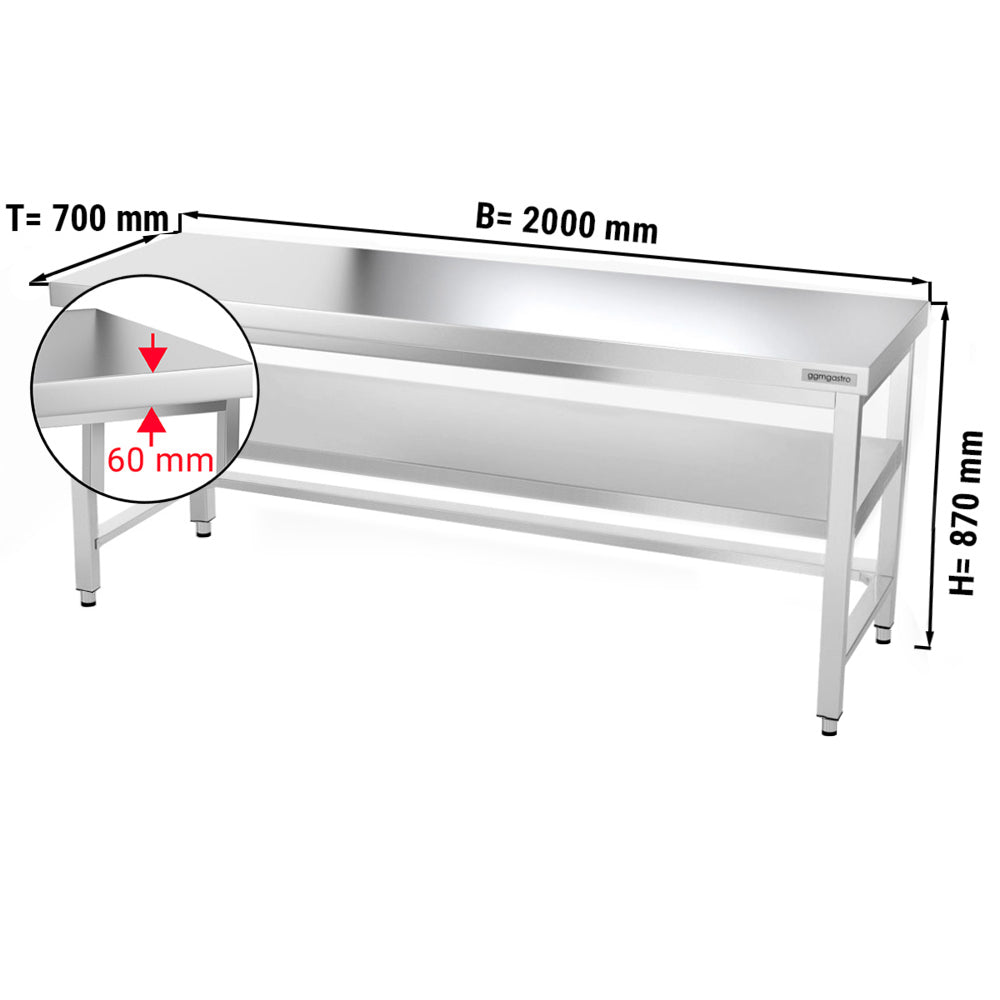 Work table PREMIUM made of stainless steel - 2.0 m. - with frame and bottom shelf