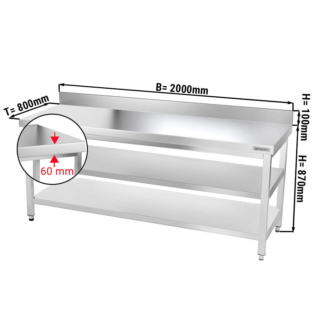 PREMIUM stainless steel work table - 2.0 m. - with main shelf, intermediate shelf and stand