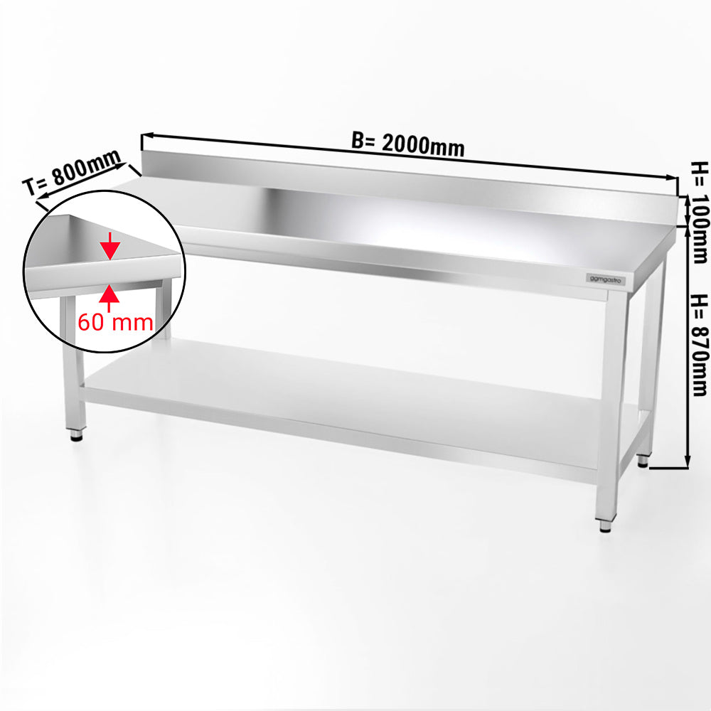 Work table PREMIUM made of stainless steel - 2.0 m. - with base and stand