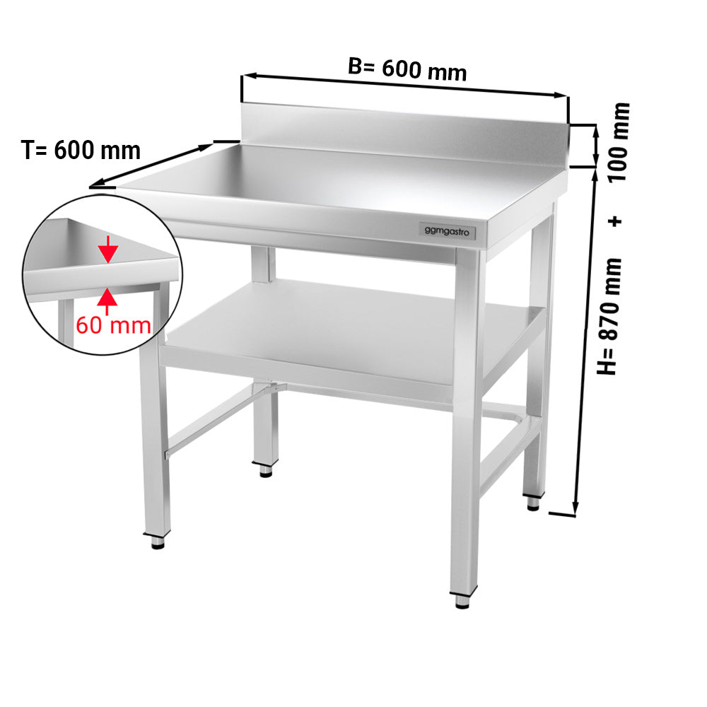 Work table PREMIUM made of stainless steel - 0.6 m. - with frame, lower shelf and board