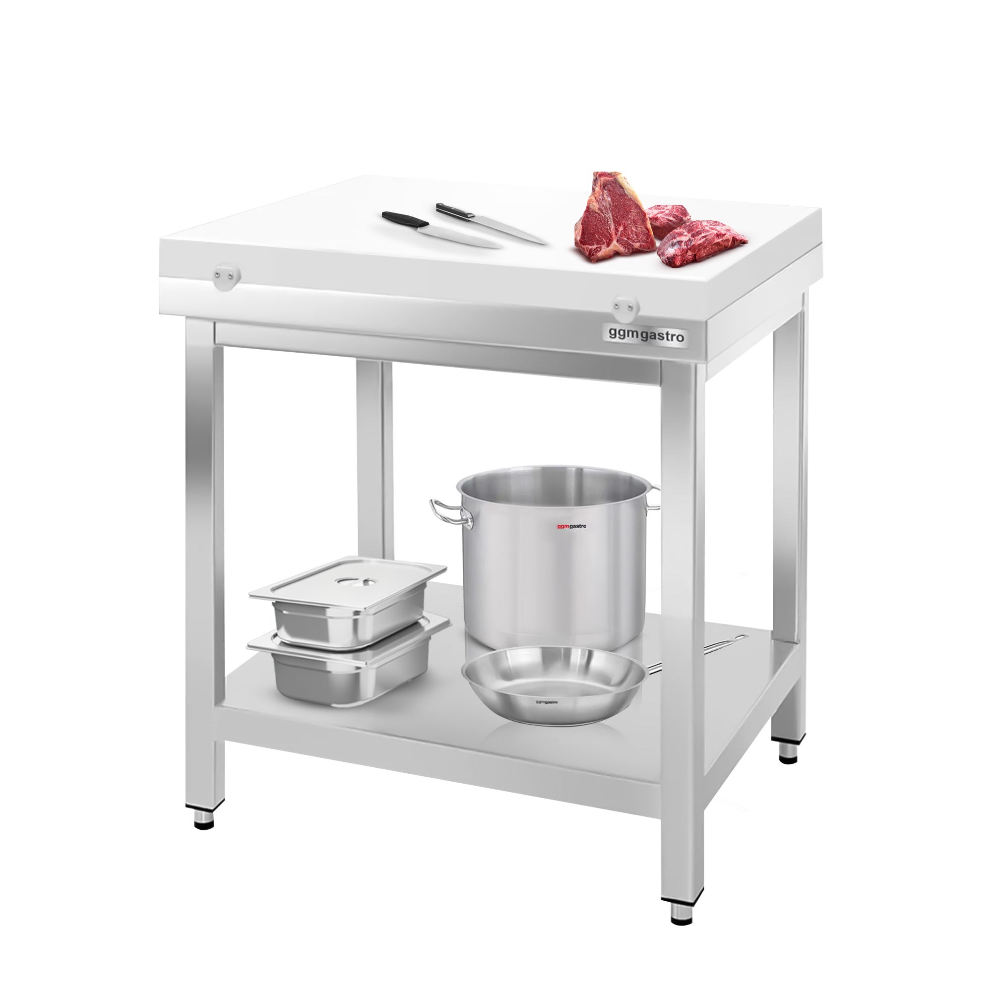 PREMIUM stainless steel work table - 0.6 m - with base - incl. cutting board in white