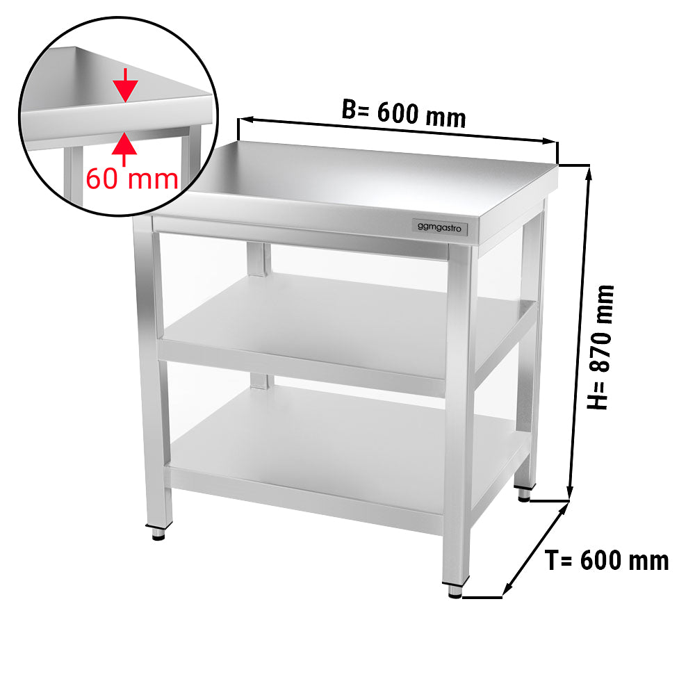 Work table PREMIUM made of stainless steel - 0.6 m. - with a main shelf and an intermediate shelf