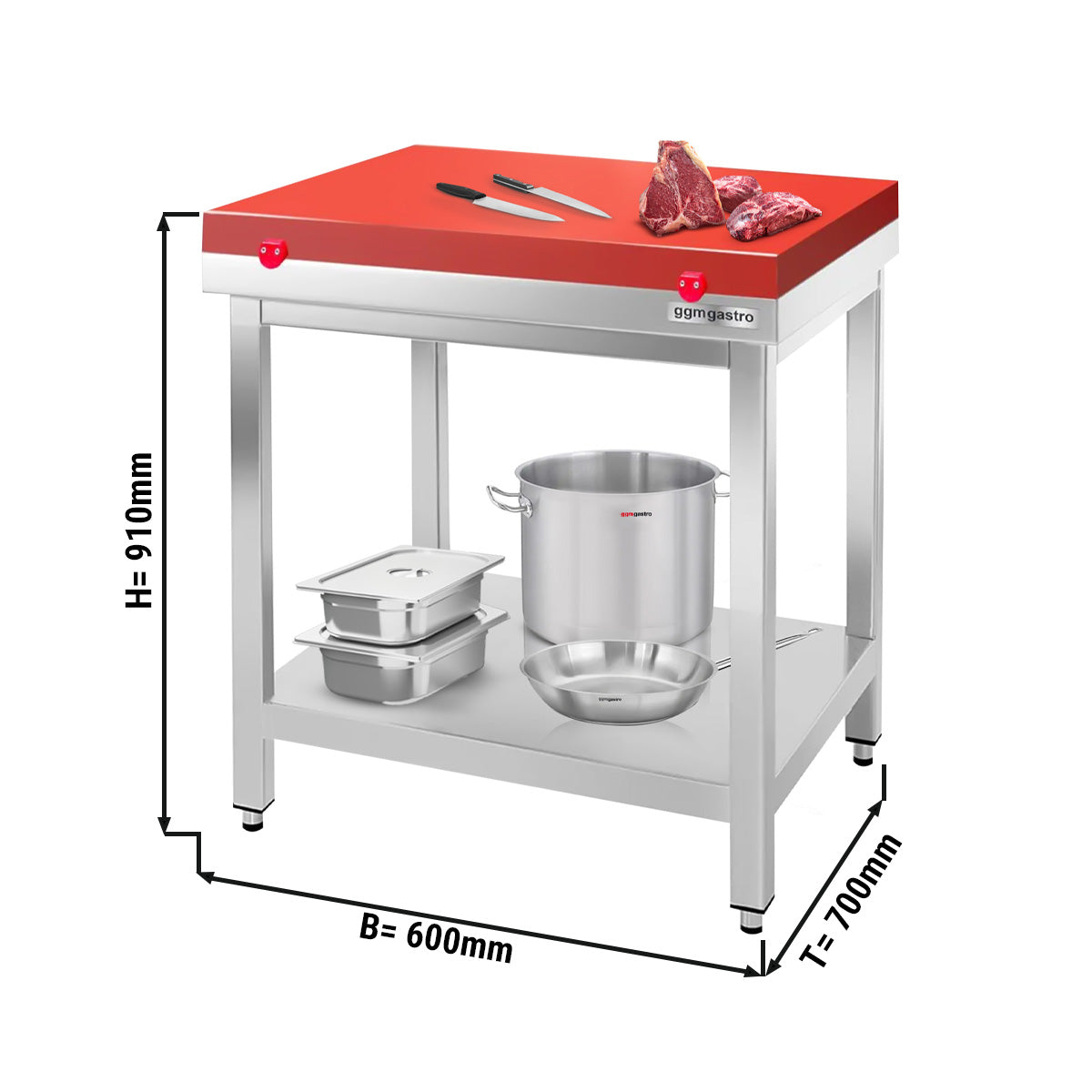 Работна маса от неръждаема стомана PREMIUM - 0,6 м - с основа - вкл. режеща плоча в червено