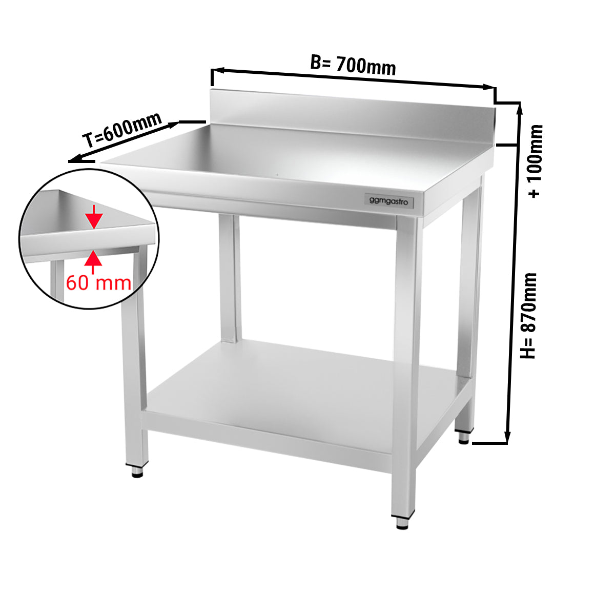 PREMIUM work table made of stainless steel 0.7 m - with lower shelf and board