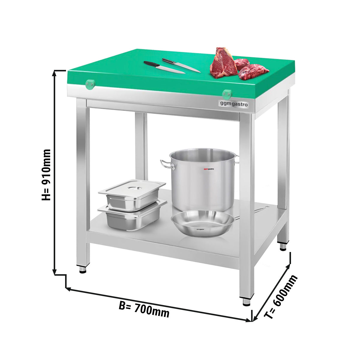 PREMIUM stainless steel work table - 0.7 m - with base - including cutting board in green