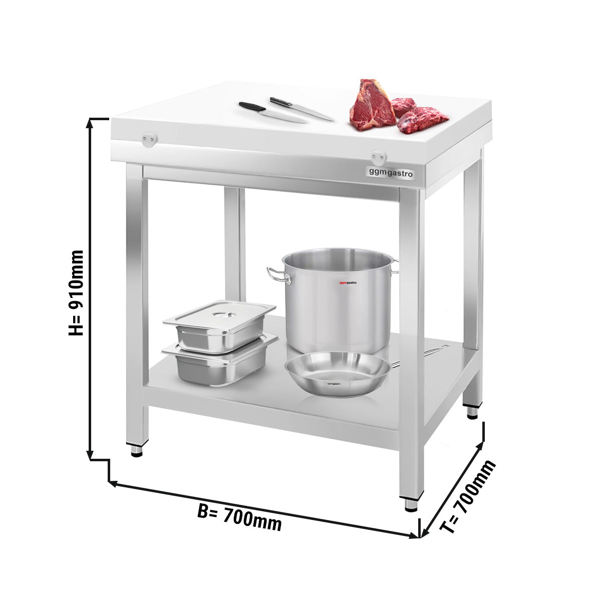 Work table in stainless steel PREMIUM - 0.7 m - with base - with cutting plate in white