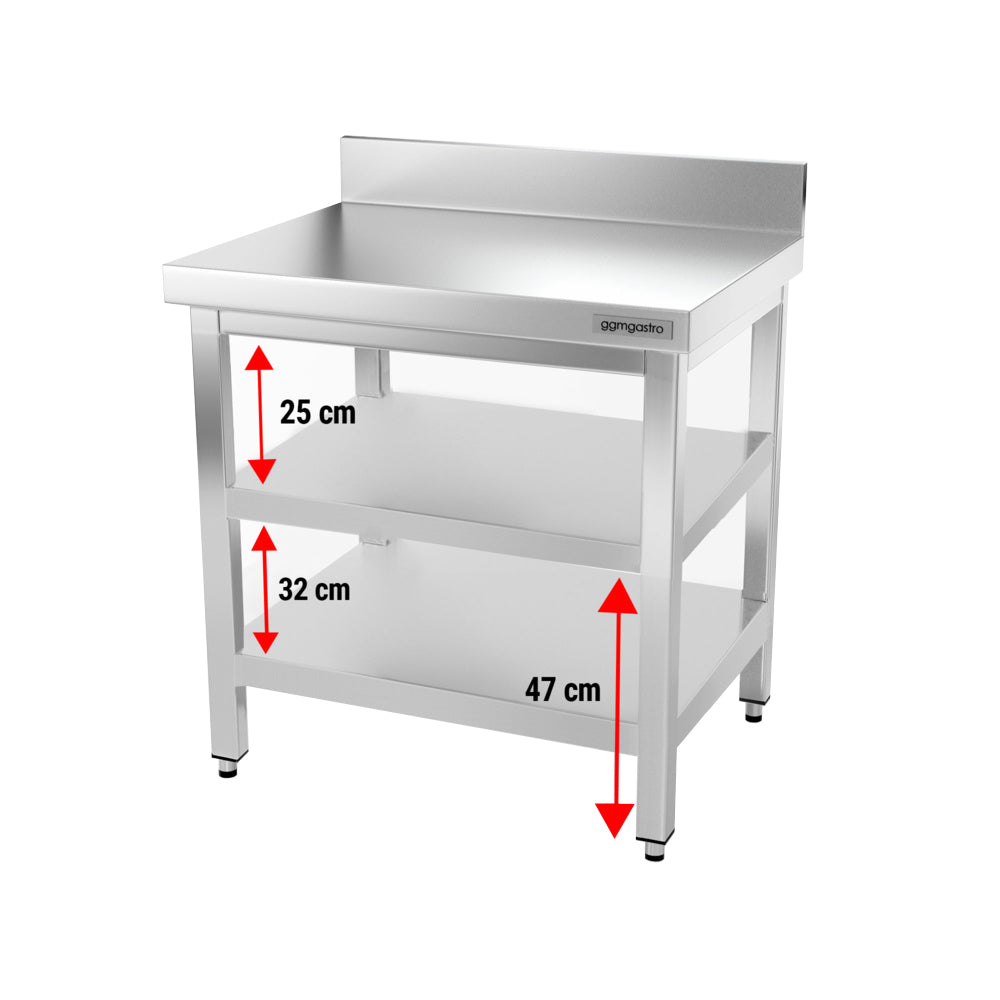 PREMIUM work table made of stainless steel - 0.8 m. - with frame, lower shelf and board