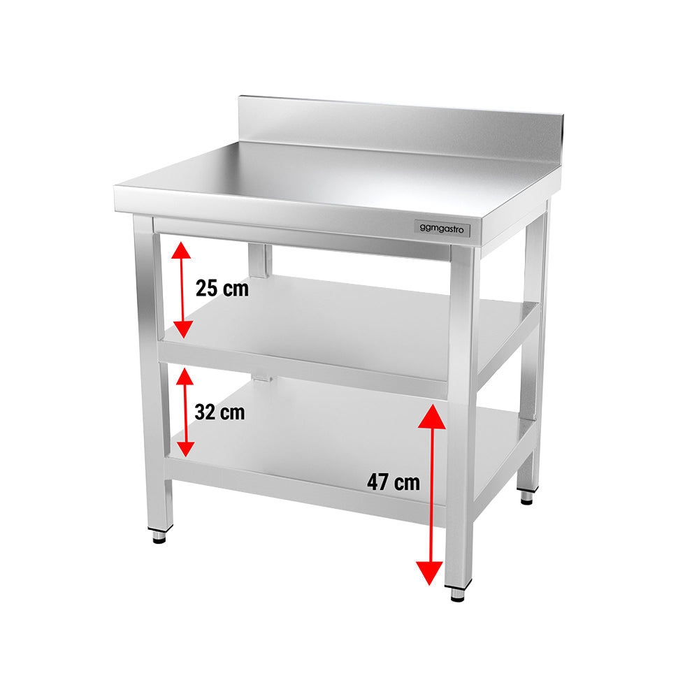 Work table PREMIUM made of stainless steel - 0.8 m. - with lower shelf and board