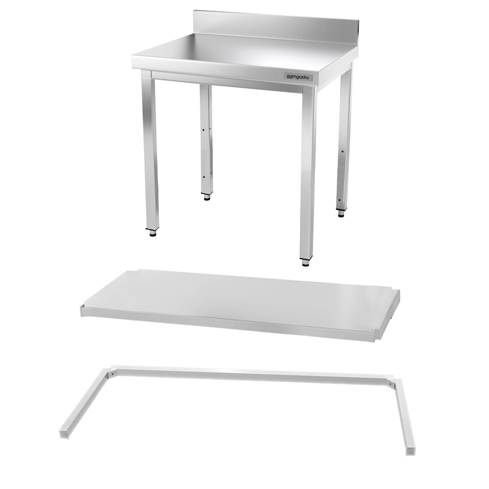 PREMIUM work table made of stainless steel - 0.8 m. - with frame, lower shelf and board